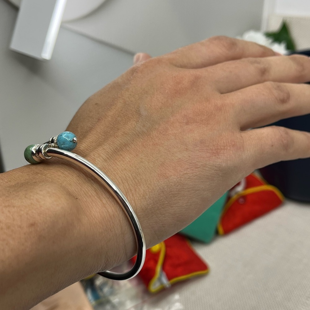 Vintage 925 Sterling Silver Front-Open Torque Bracelet - Turquoise - Picture 5 of 17